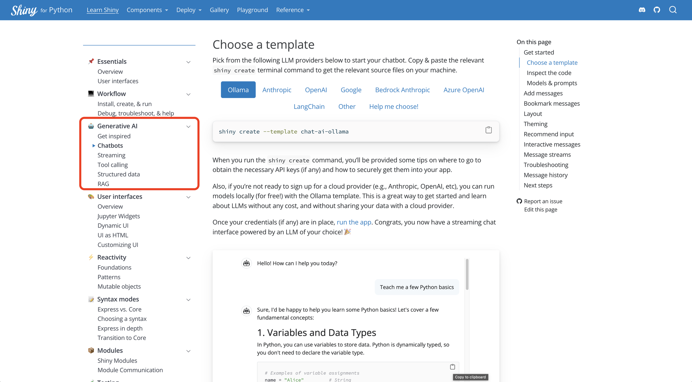A screenshot of the new Generative AI docs